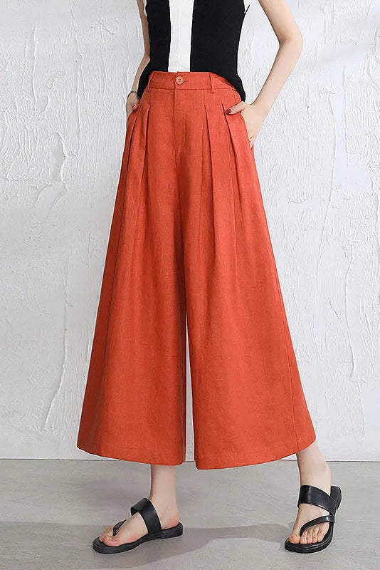 Women’s Linen Palazzo Pants – Casual Wide Leg Pants with Pockets, Plus Size 3524