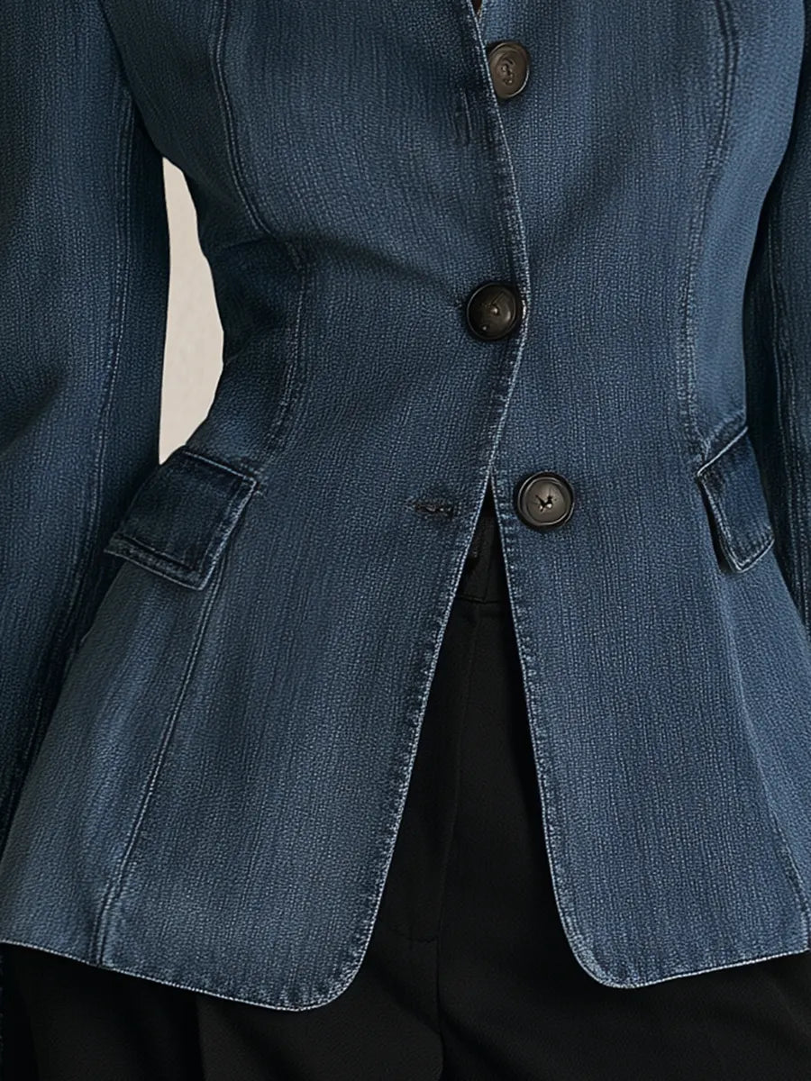 Indigo Stand Collar Denim Blazer Jacket