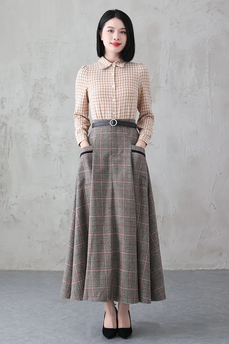Plaid Wool Long Skirt - Retro Full Silhouette with Side Pockets 3837