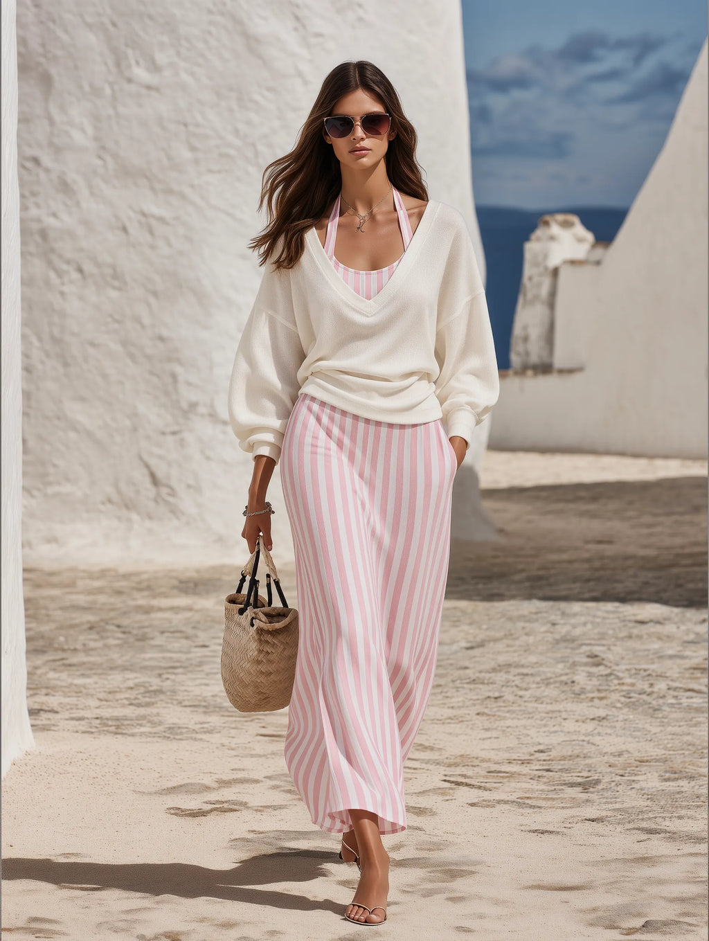 Resort-style Long-sleeve Cover-up And Striped Maxi Skirt Set