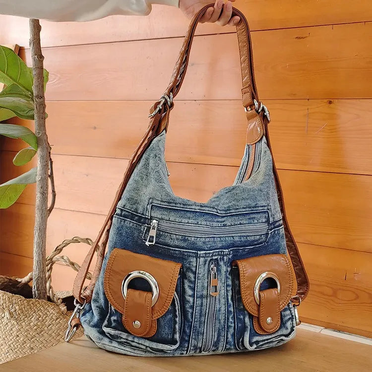 Women's Vintage Stylish Denim Handbag With Leather Accents