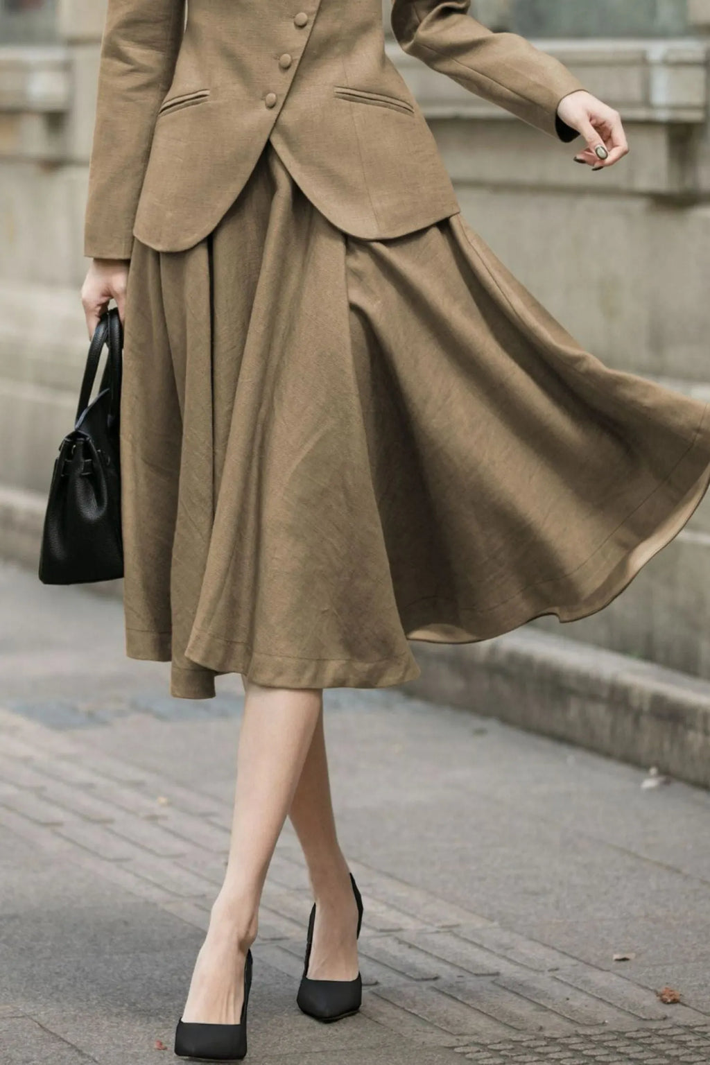 Brown Linen Midi Skirt - High Waist A-Line 
