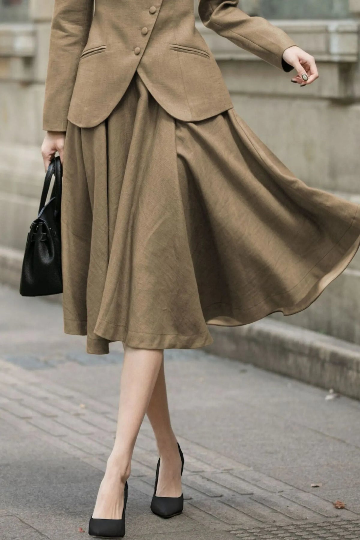 Brown Linen Midi Skirt - High Waist A-Line 