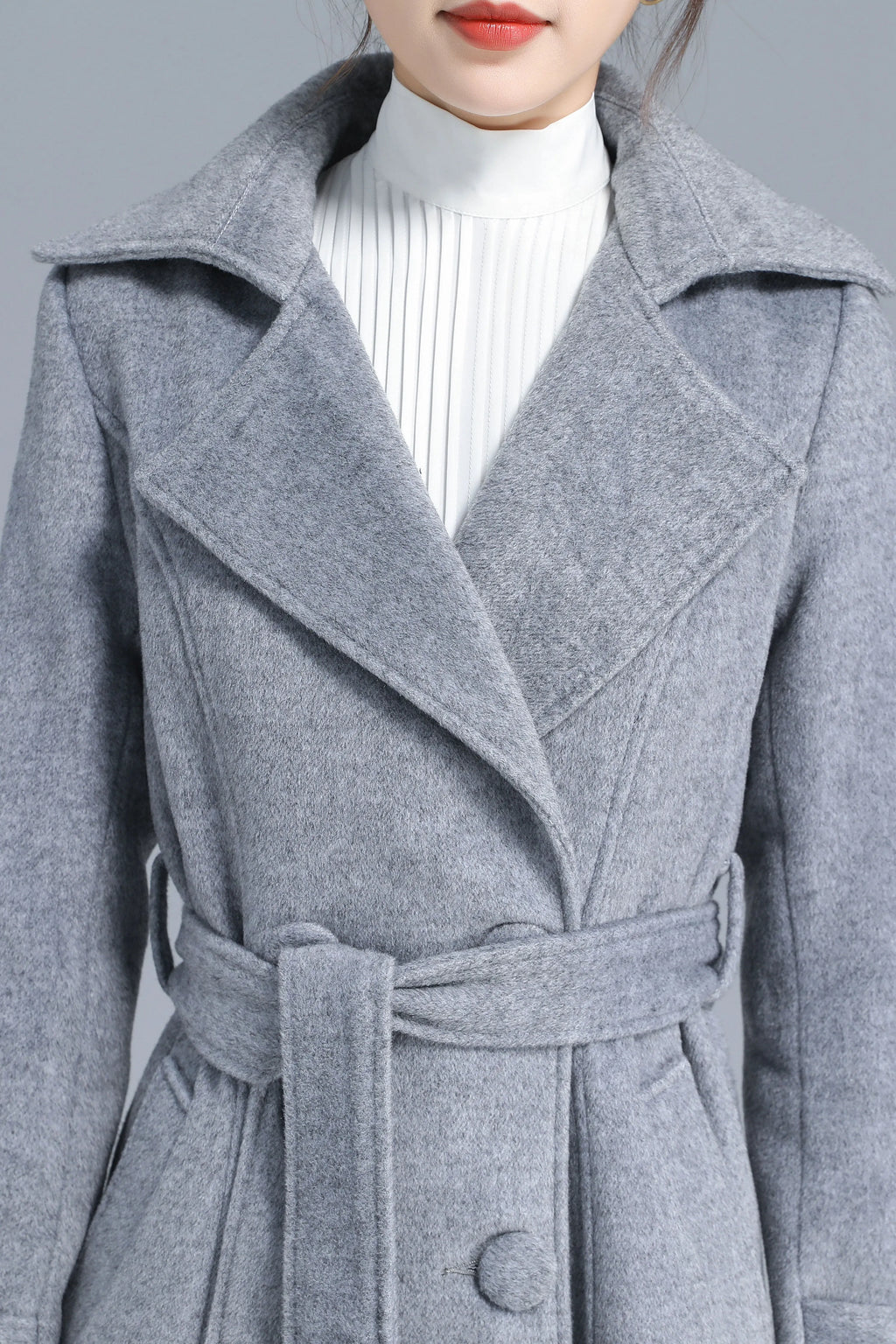 Gray Wool Belted Coat - Double Breasted, Mid-Calf Length 3209