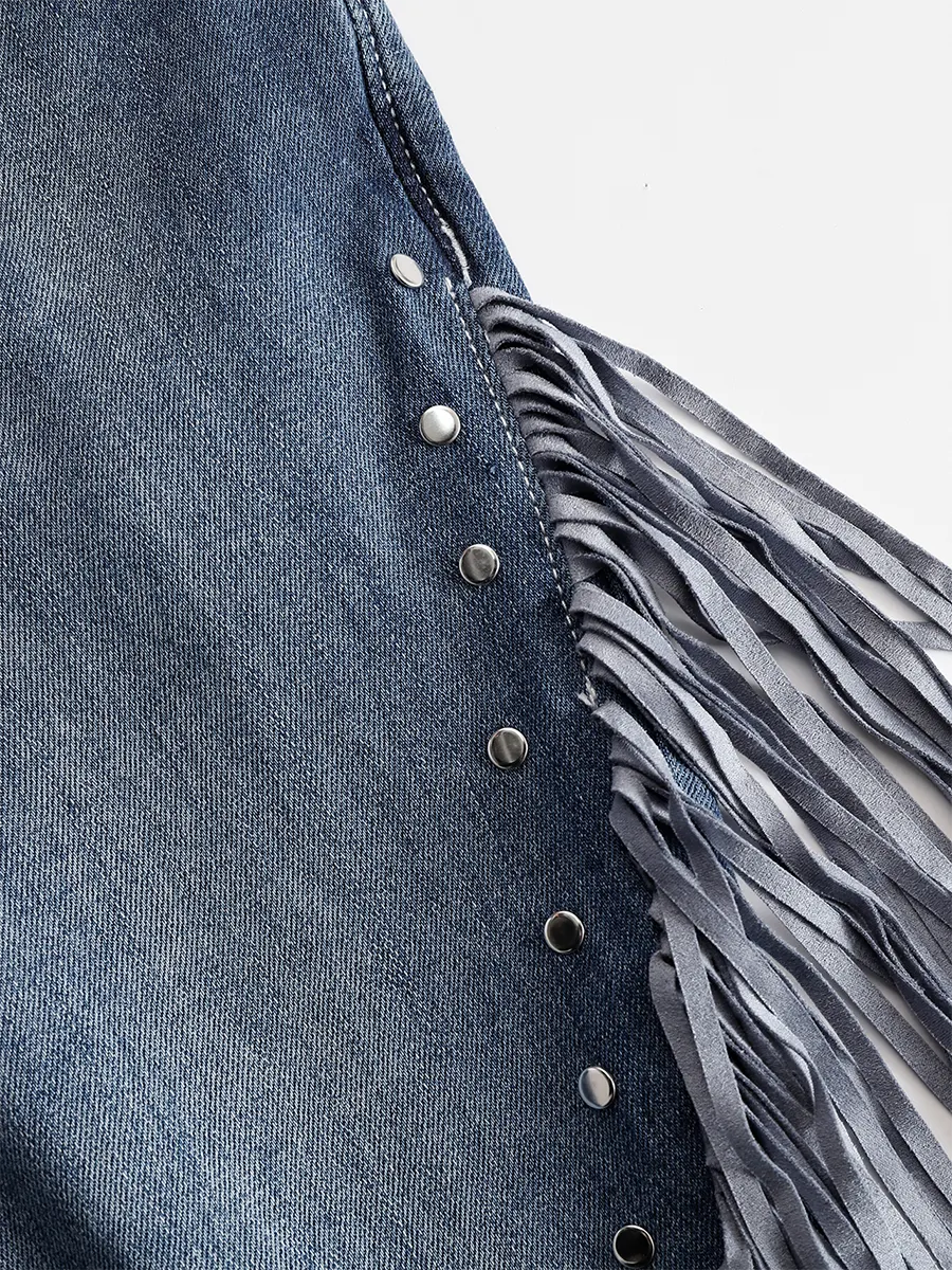 Western Blue Denim Side Tassel Rivet Flared Pants