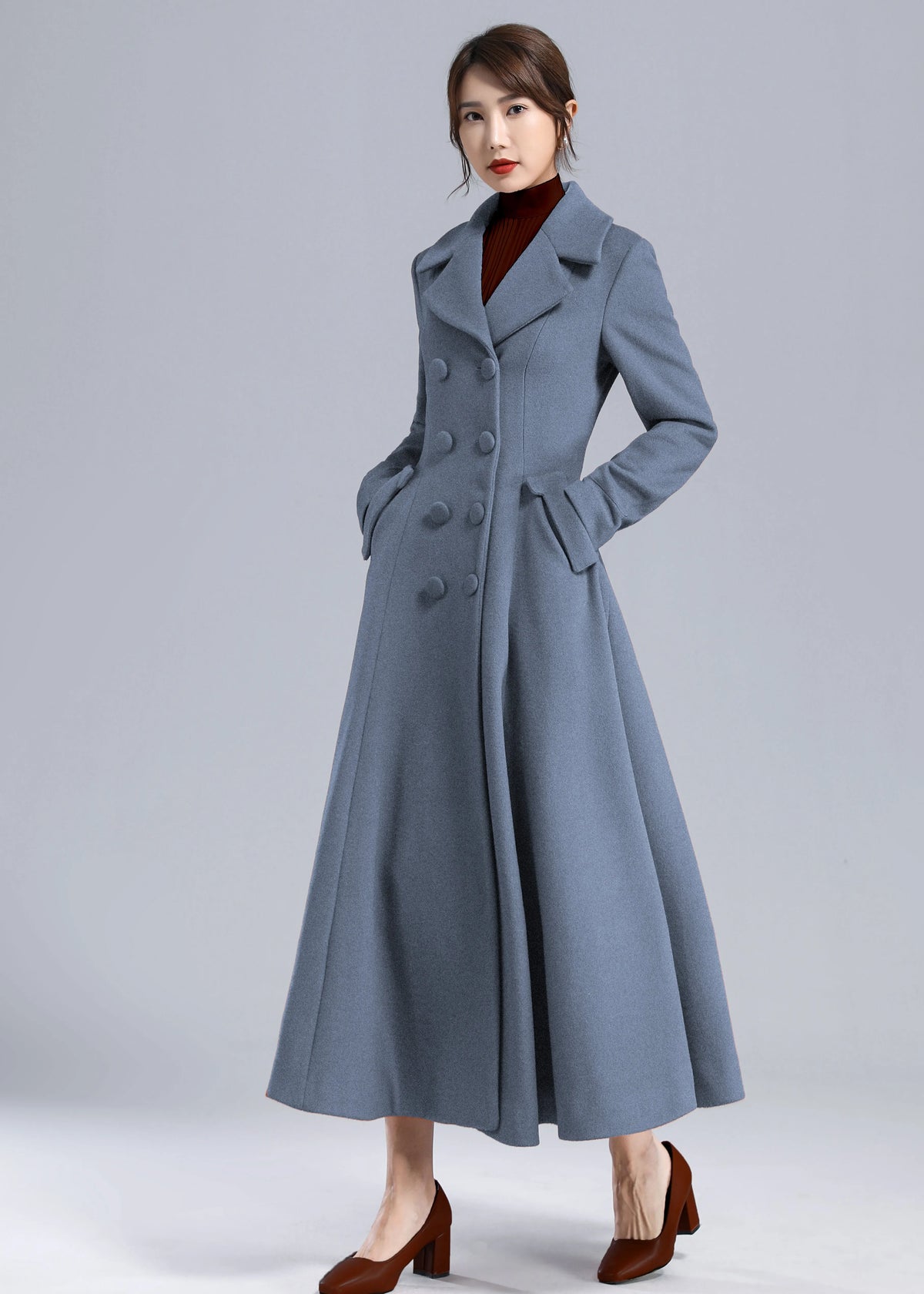 Blue Wool Long Coat - Fit and Flare Double Breasted 5496