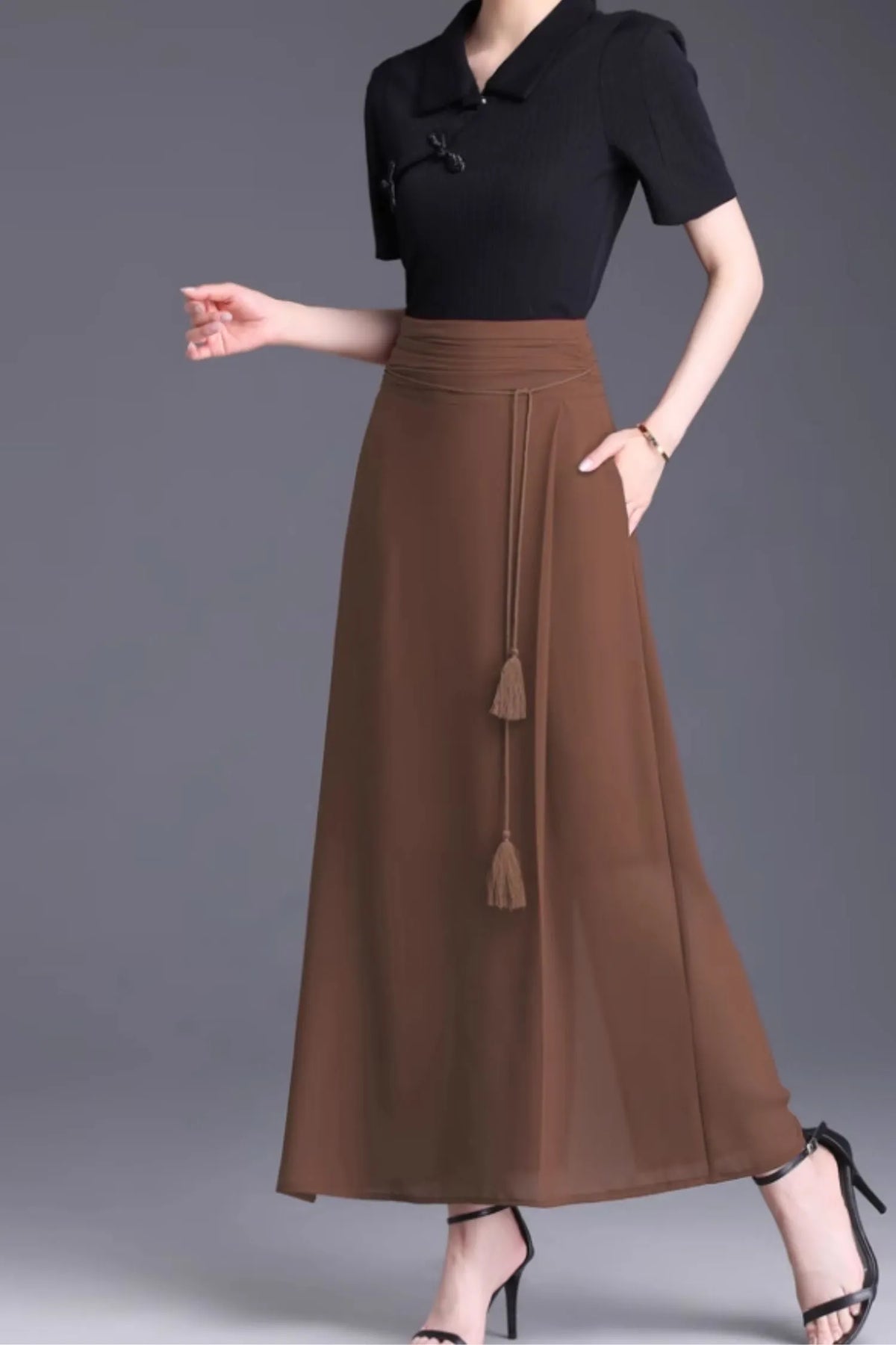 High waisted long chiffon summer skirt women 6132