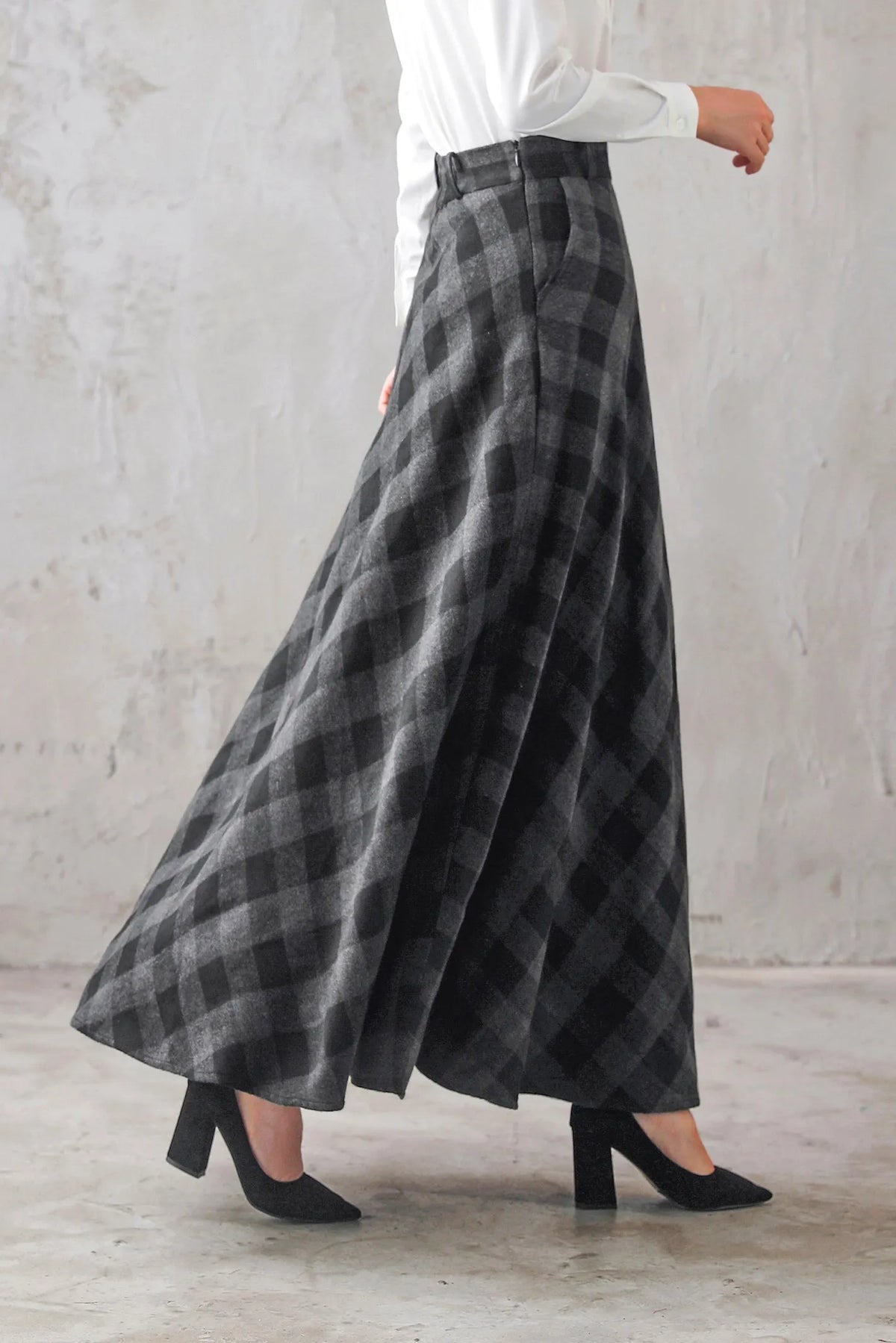 Plaid Wool Maxi Skirt - A-Line Flared Satin Lined 