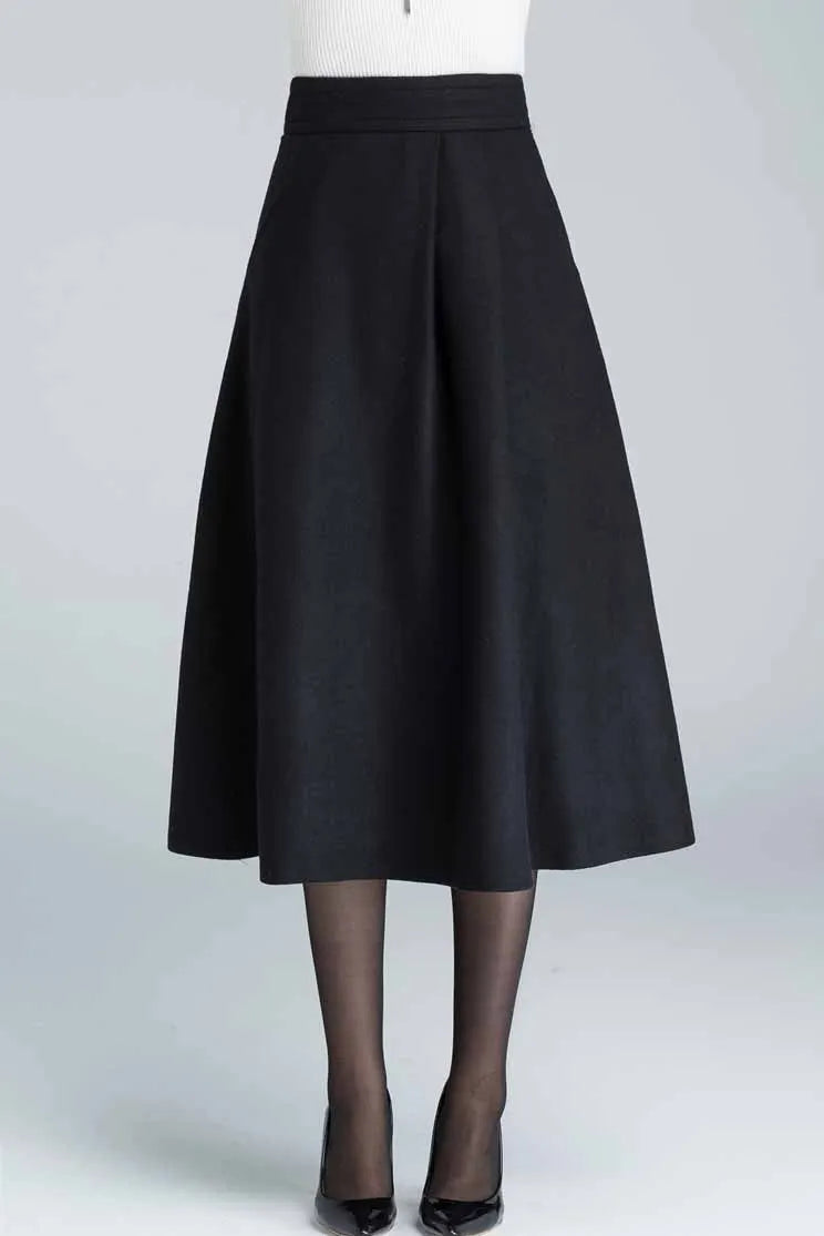 Elegant Black Wool Skirt – Handmade Midi Winter Skirt with Pockets 