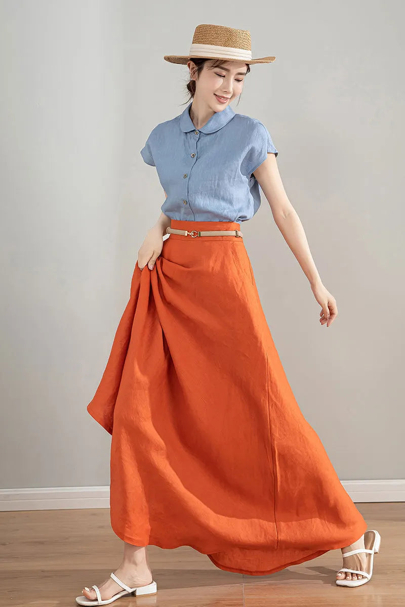 Orange Linen Skirt - High Waisted A-Line Midi Skirt 4215