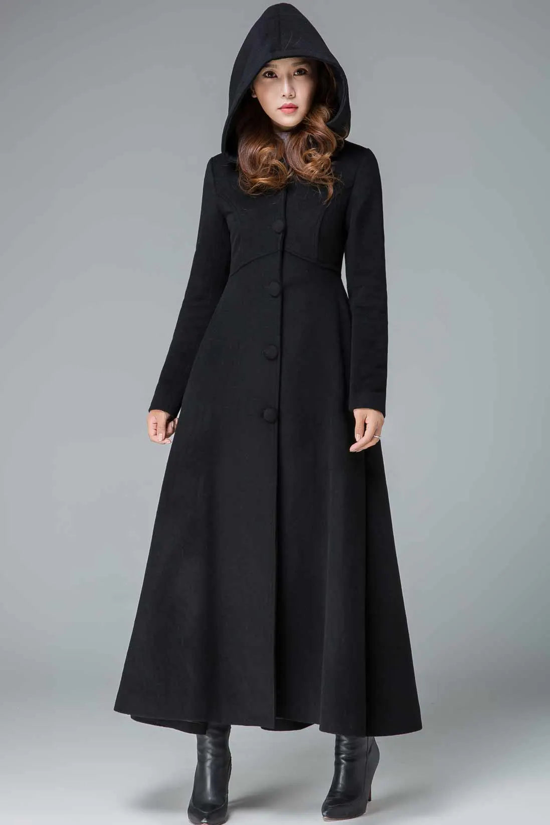 Black Wool Hooded Coat – Vintage A-Line Maxi Overcoat for Women 1839