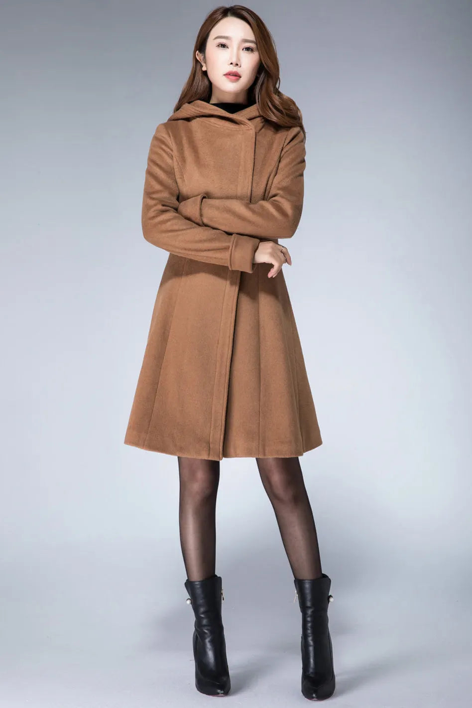 Camel Wool Blend Hooded Coat – Handmade Short Winter Jacket 1864