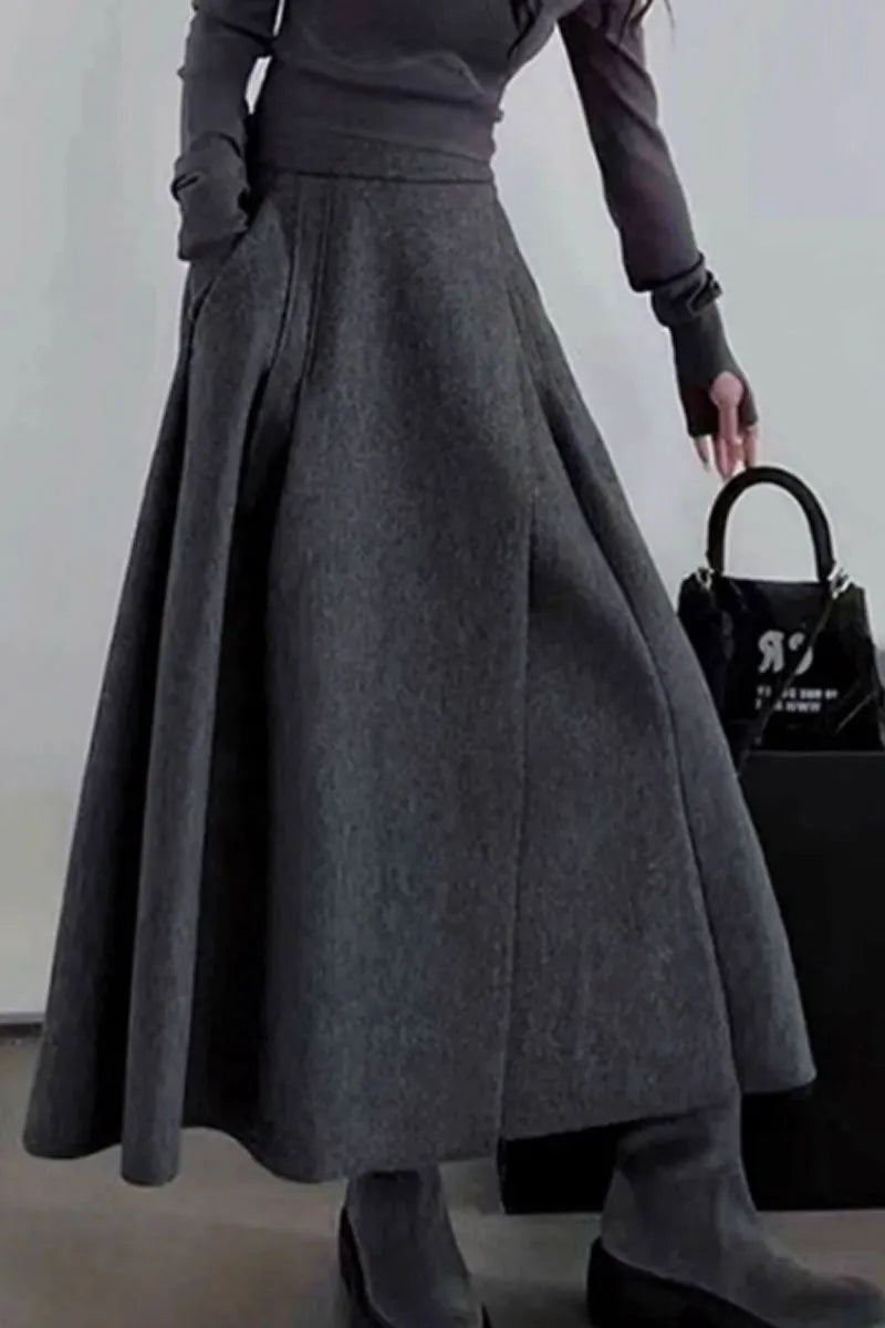 Gray Wool Maxi Skirt - A-Line Silhouette with Pockets 4757