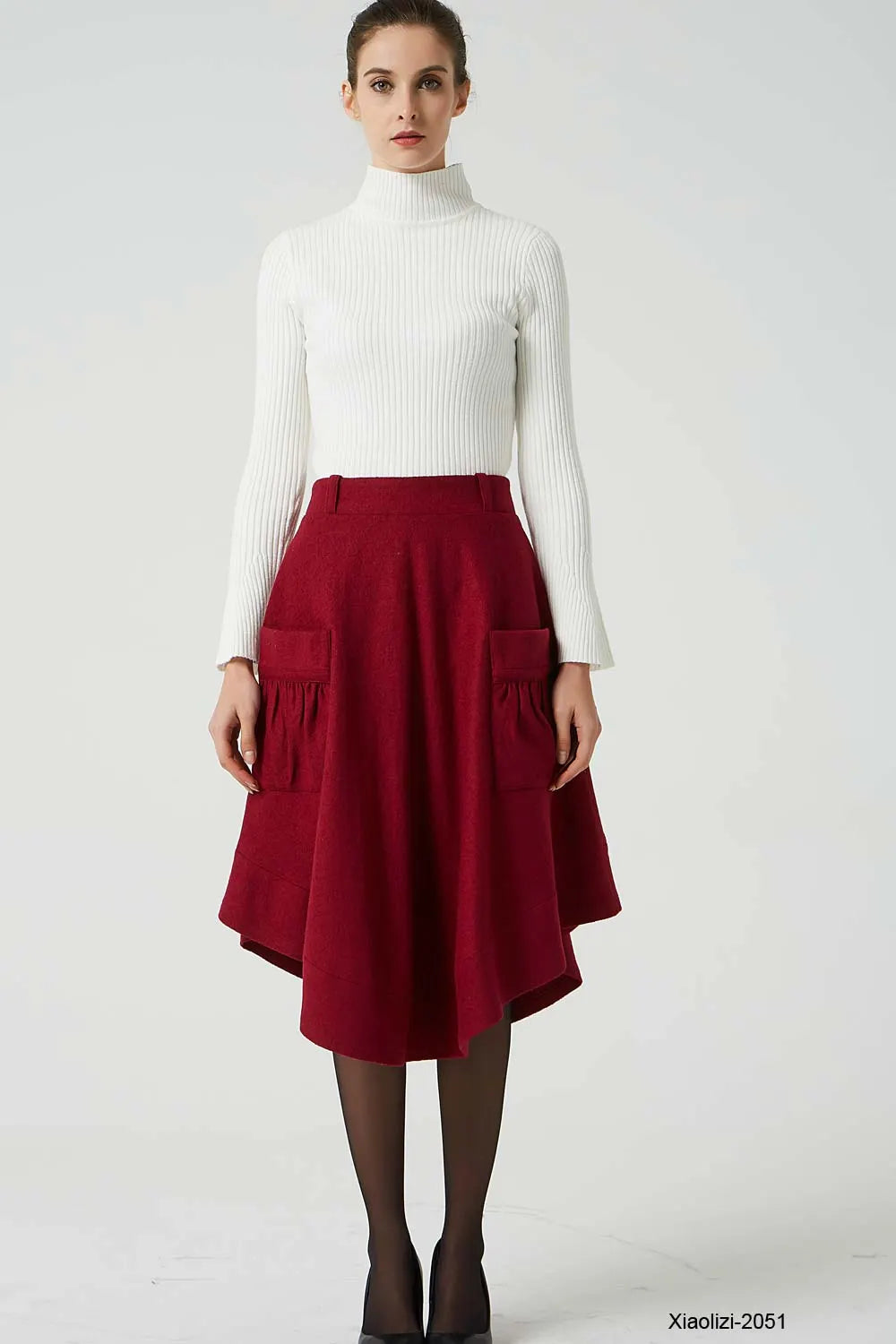 Red Wool Skirt - High Waisted with Asymmetrical Hem and Pockets 2051