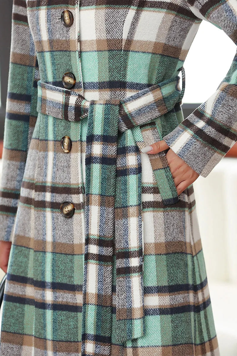 Handmade Green Plaid Wool Coat – Vintage Belted Long Winter Overcoat 