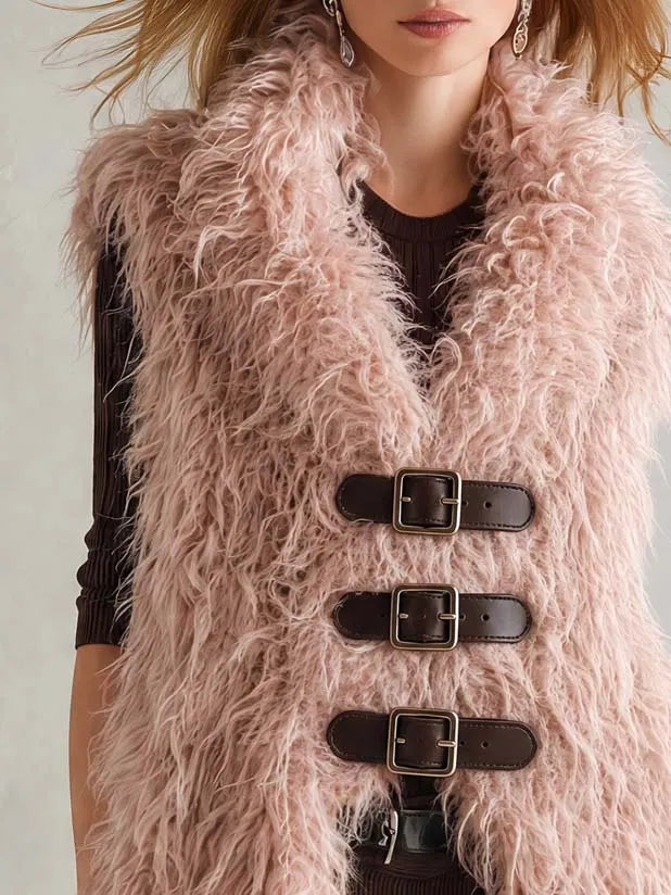 Retro Boho Women Pink Shaggy Mongolian Faux Fur Buckle-Front Sleeveless Vest