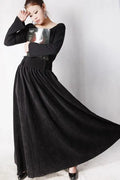 Black Corduroy Maxi Skirt - Pleated Waist, Ankle Length MM35