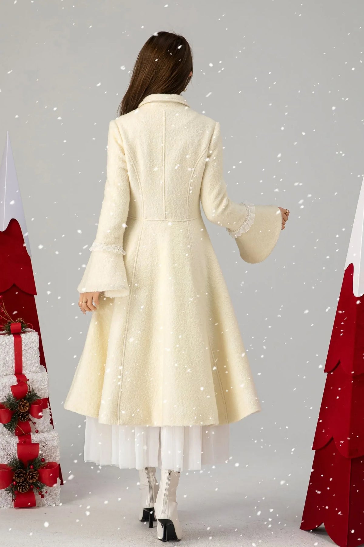 Beige Wool Swing Coat - Flared Sleeves, Knee-Length 4617