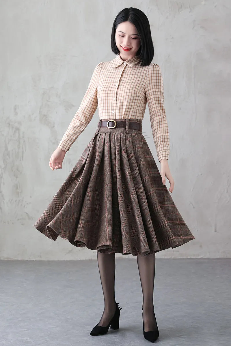 Handmade Brown Plaid Wool Midi Skirt – Vintage Pleated Circle Skirt 