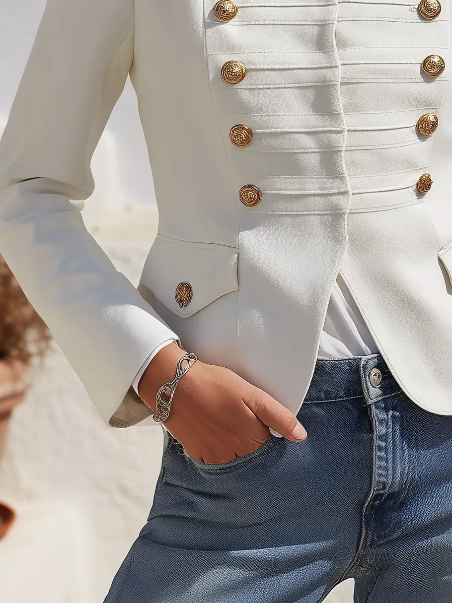 Retro Military Style Multi-row Strap Placket Stand Collar Jacket