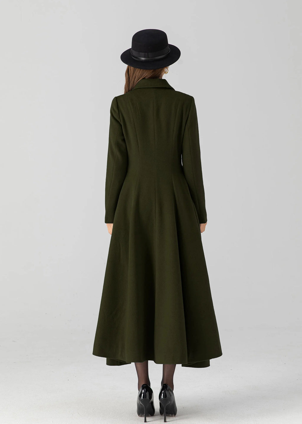 Army Green Wool Long Coat - Vintage Inspired A-Line Swing 5505