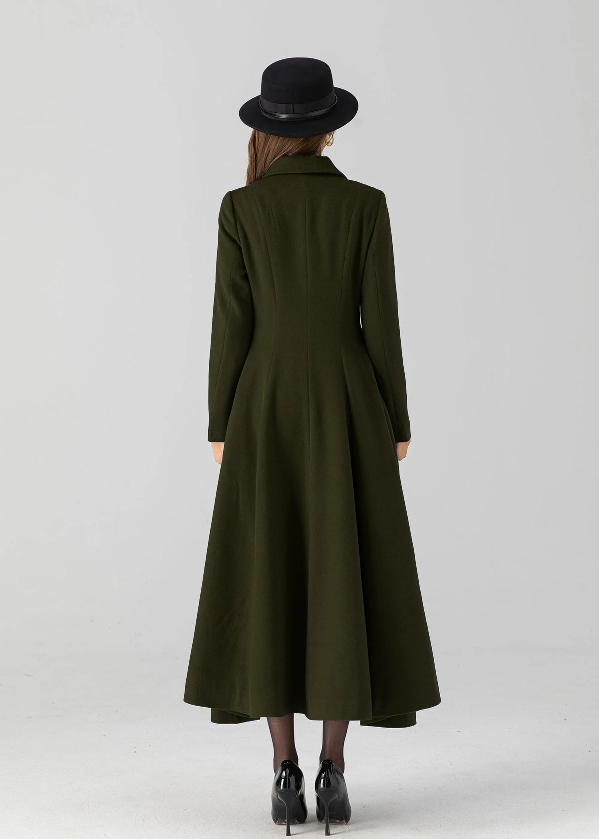 Army Green Wool Long Coat - Vintage Inspired A-Line Swing 5505