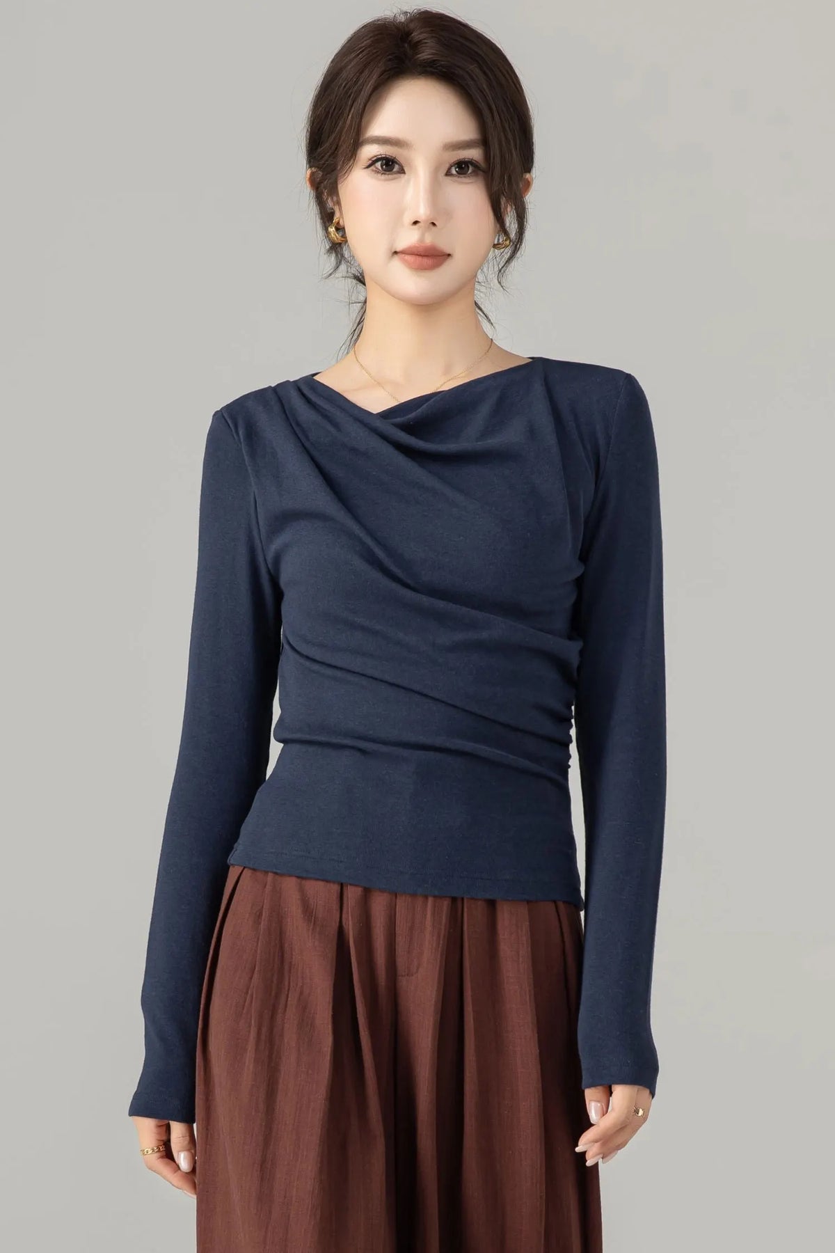Navy Cotton Knit Long Sleeve Top - Slim Fit Drape Neck 5699