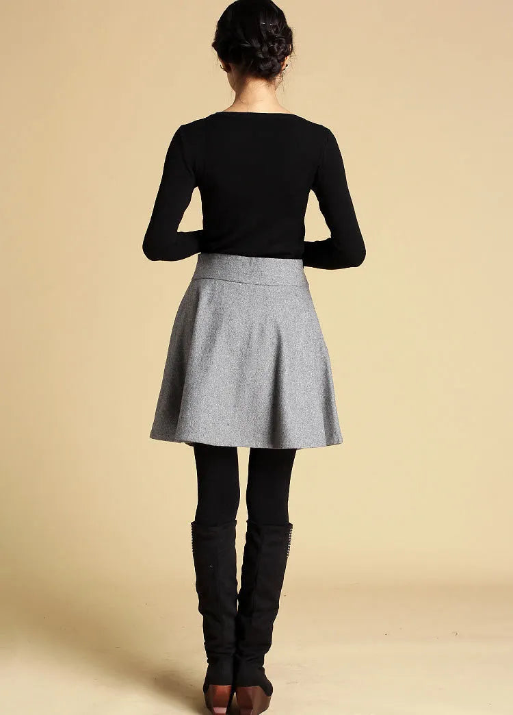 Gray Wool Mini Skirt - High Waist A-Line Flare 