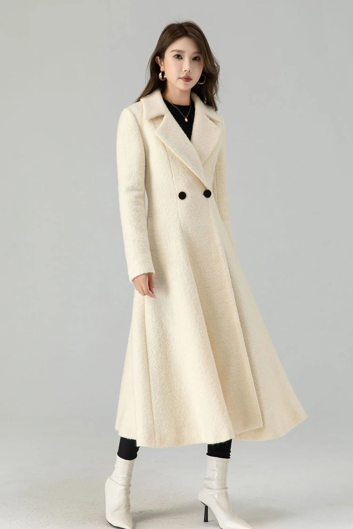 Off White Wool Maxi Coat - Fit and Flare Double Breasted 4559