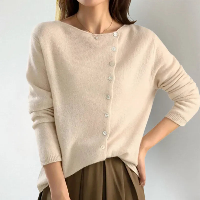 KATE – CHIC ASYMMETRICAL BUTTON CARDIGAN