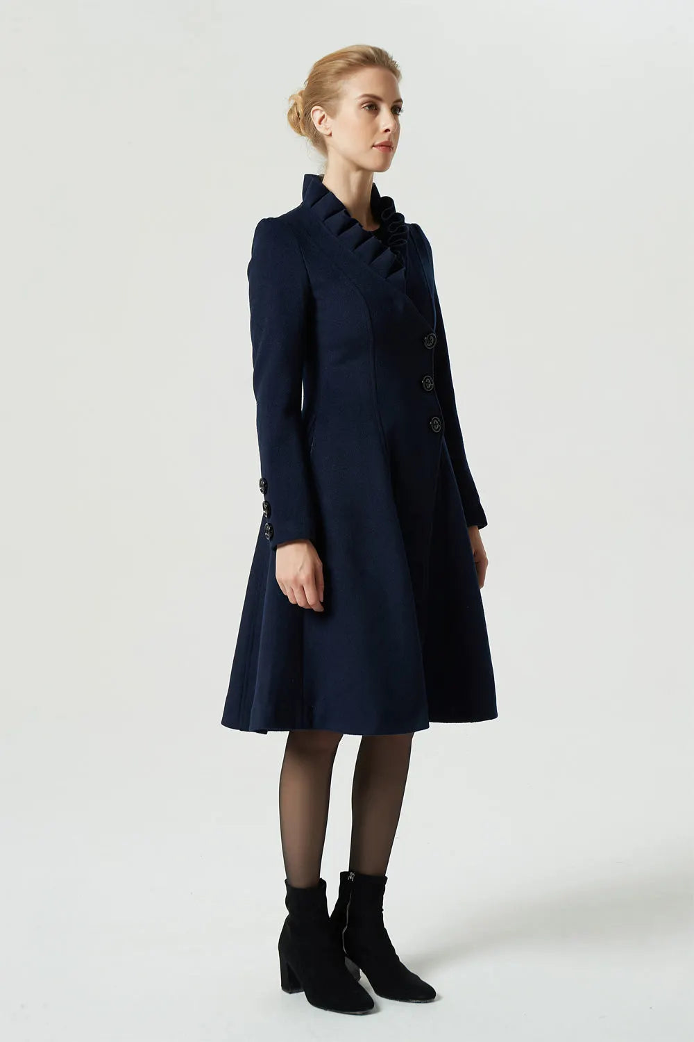 Navy Wool Coat - Handmade Tailored Fit with Ruffle Collar 1974