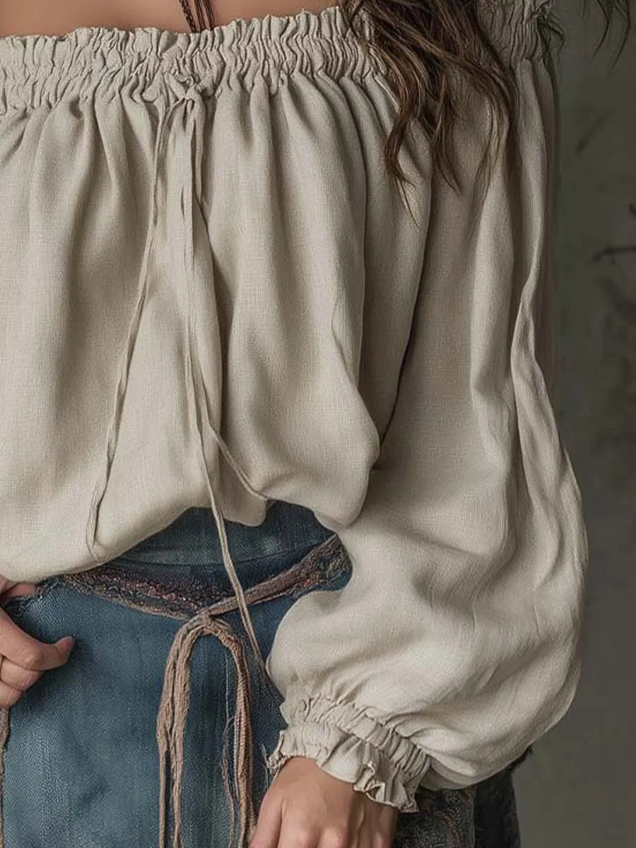 Natural Texture Off-Shoulder Drawstring Blouse