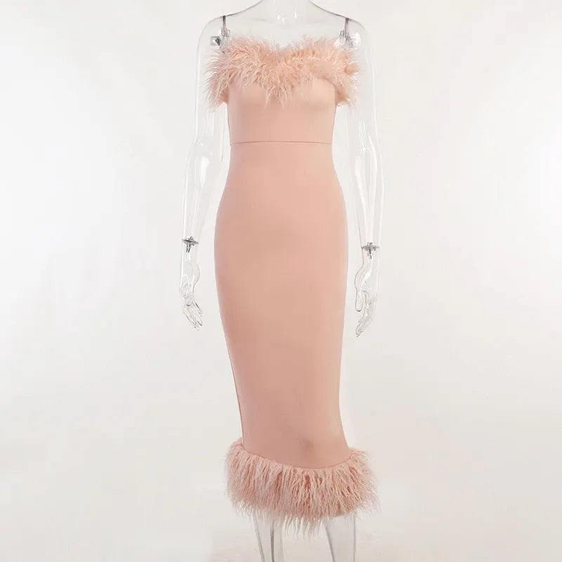 Strapless Feather Evening Sexy Corset Bodycon Midi Dress
