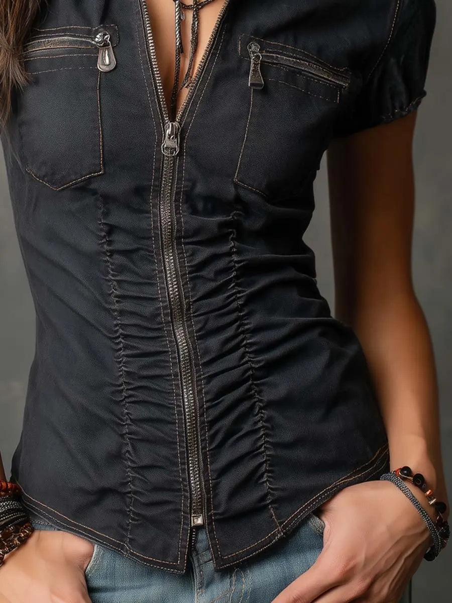 Retro Blouse in denim, Affordable Luxury