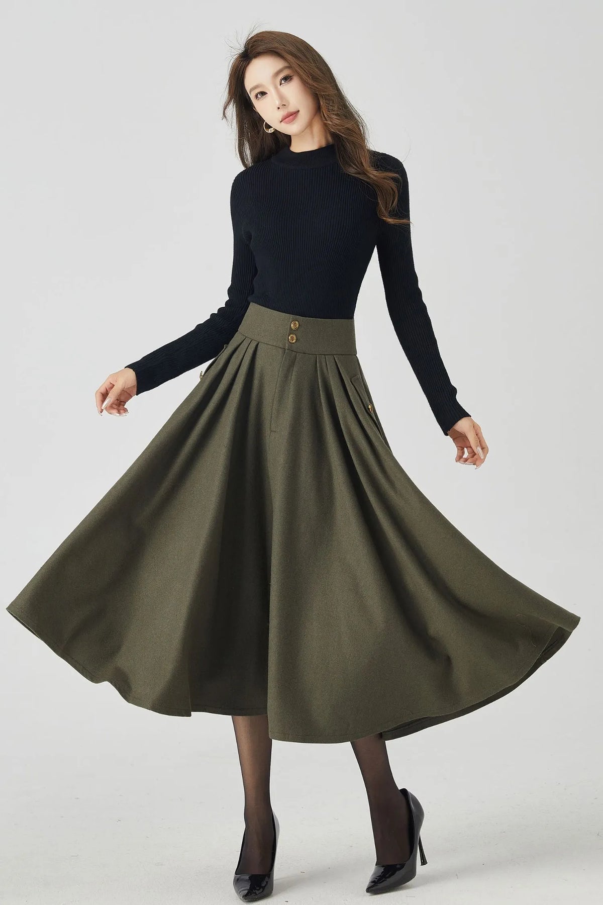 Vintage Wool Blend Pleated Midi Skirt – Handmade High Waist Winter Skirt 