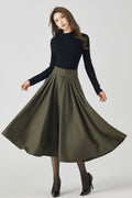 Army Green Wool Pleated Skirt - Elegant Below Knee Silhouette 4530