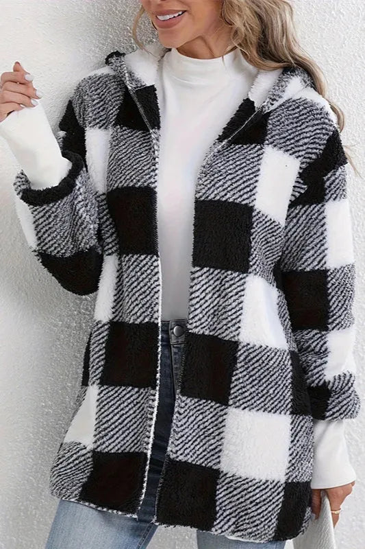 Plaid Fuzzy Hooded Mid-Length Coat