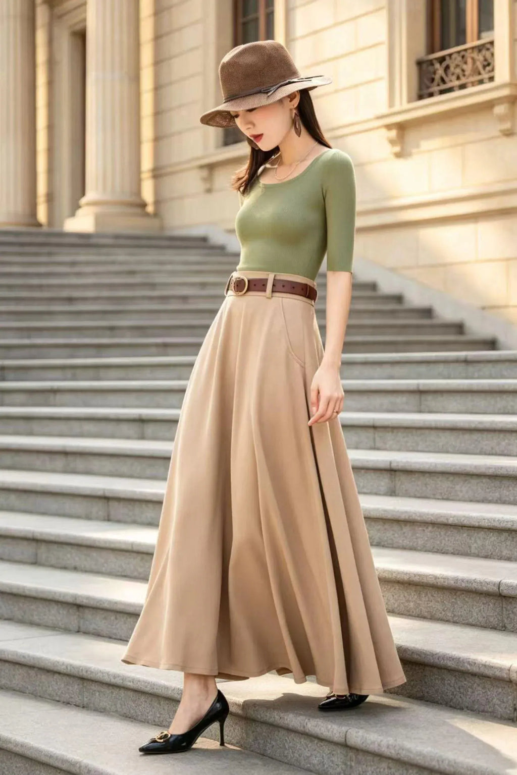 Khaki Cotton Blend Maxi Skirt - High-Waisted A-Line Swing Silhouette 6794