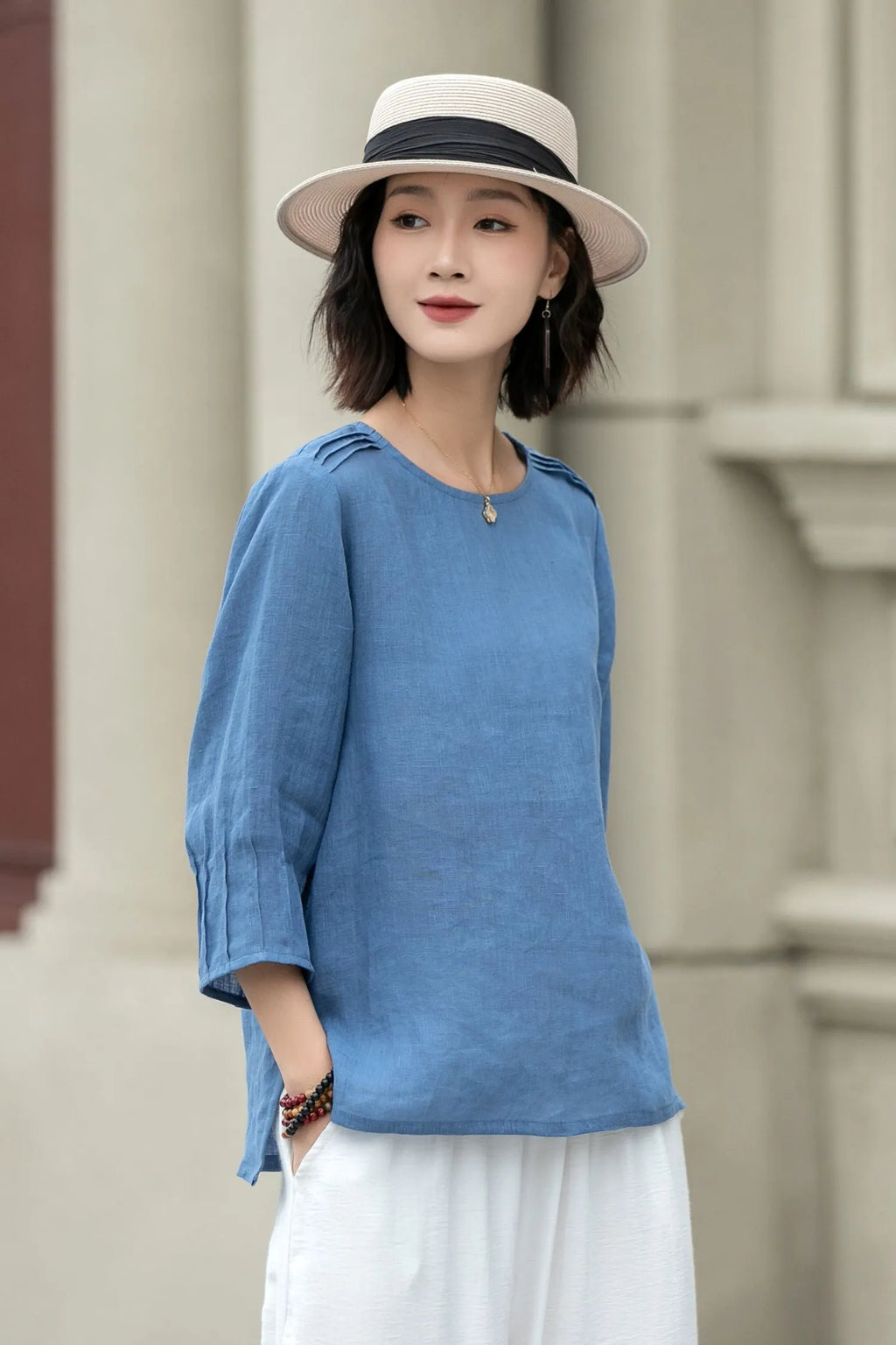 Blue Linen Blouse - Loose Fit with Boat Neckline 5221