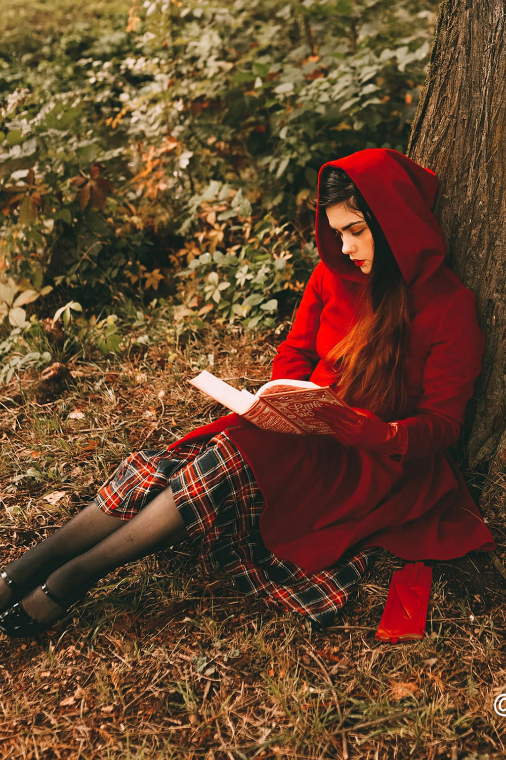 Red Wool Midi Coat - Hooded Empire Waist Swing Silhouette 2415