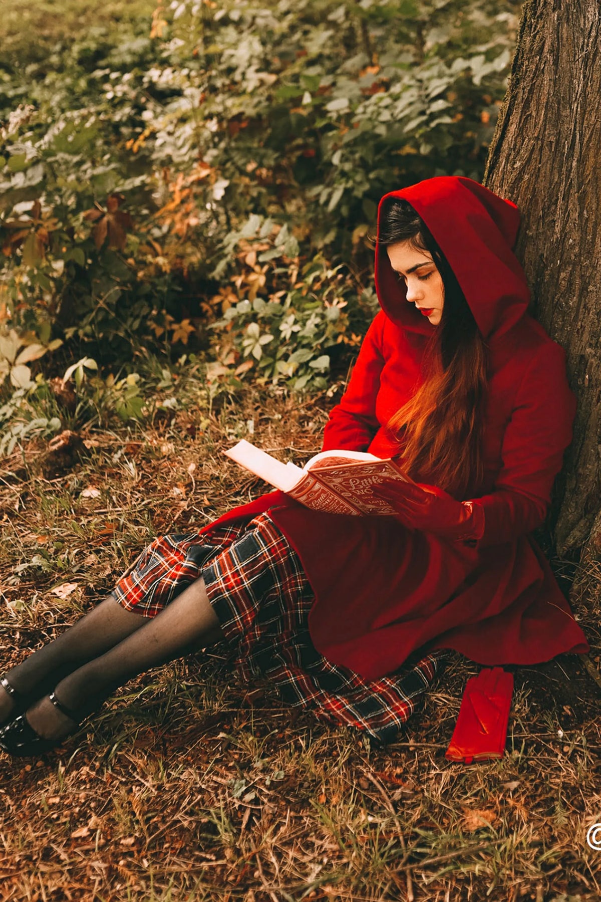 Red Wool Midi Coat - Hooded Empire Waist Swing Silhouette 2415