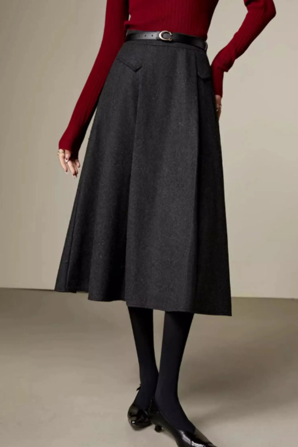 Gray Wool A-Line Midi Skirt - Tailored Winter Essential 6358