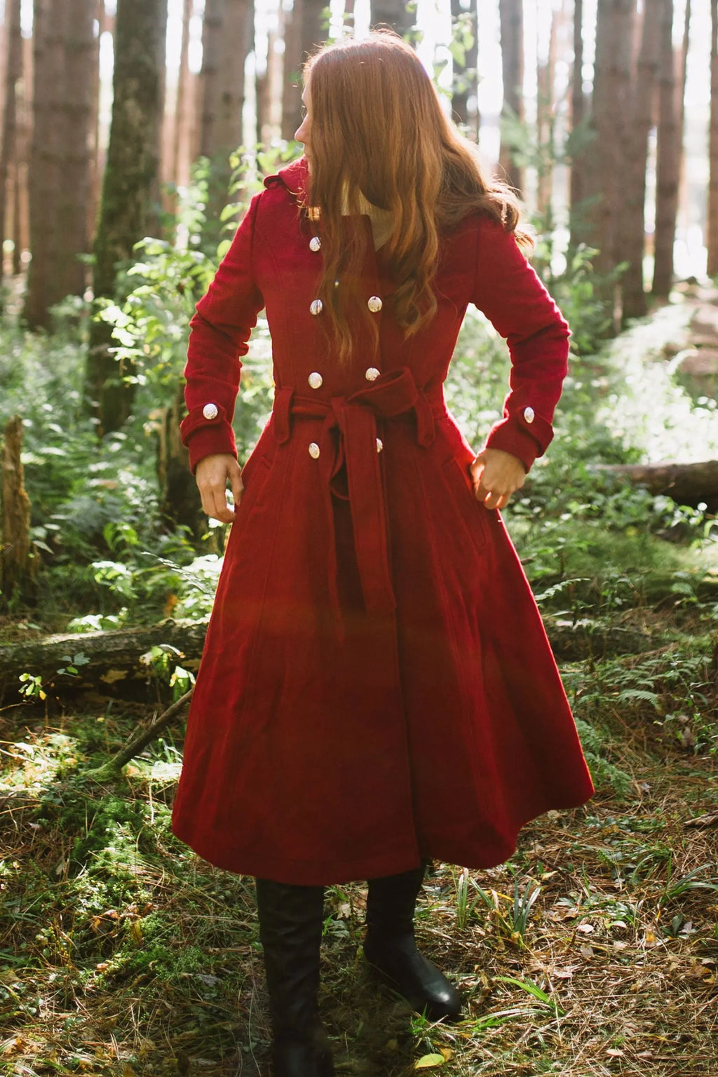 Burgundy Wool Coat Maxi - Hooded, Double Breasted, Self Tie Waist 3218