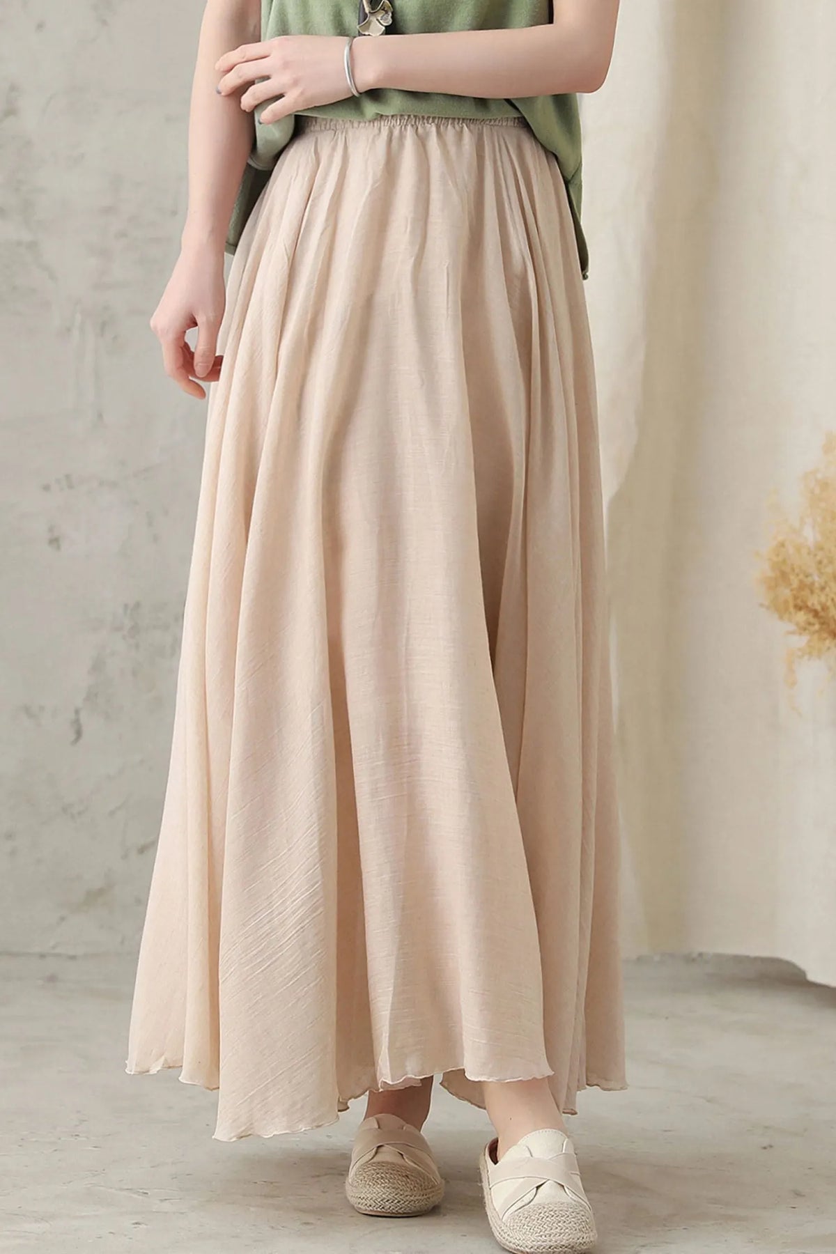 Beige Linen Maxi Skirt - High-Waist Elastic Waistband, Flowy Circle Hem 2820