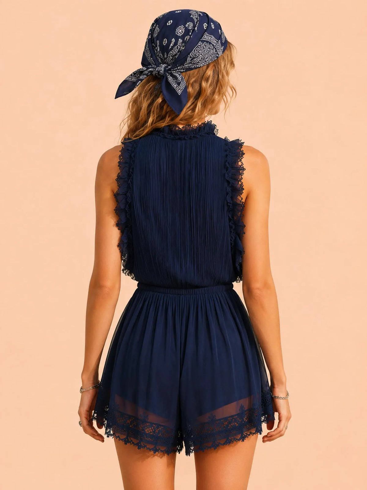 Perfect for Outdoor Music Festivals — Navy Blue V-Neck Pleated Lace Trim Cinched Waist Chiffon Romper