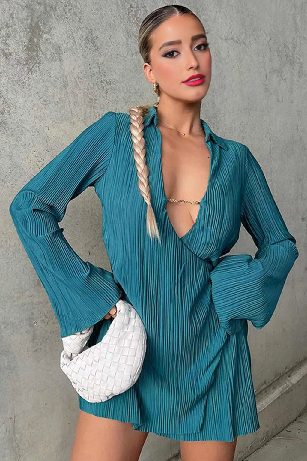 Pleated Lapel Mini Dress with Low Cut