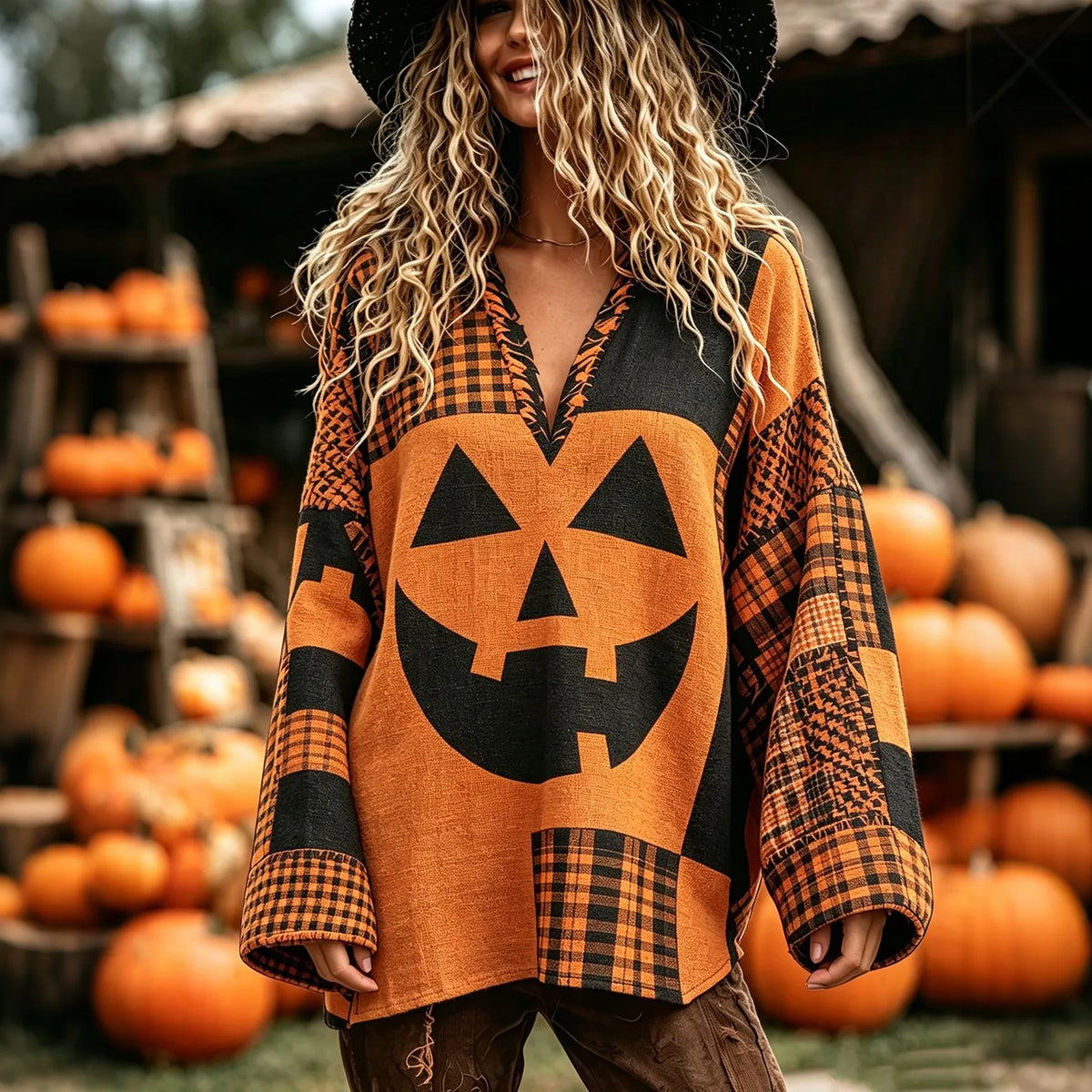 Women's Vintage Halloween Pumpkin Face Art Casual Long Sleeve Tops