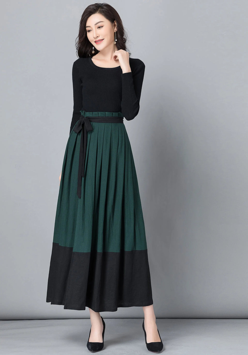 Handmade Wool Wrap Maxi Skirt – Dark Green & Black Color-Block 
