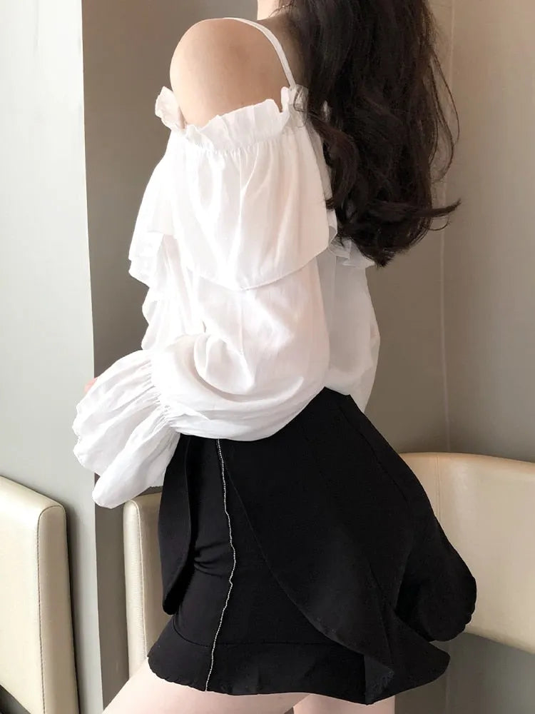 Casual Loose Spaghetti Strap Flare Sleeve Ruffles Tops
