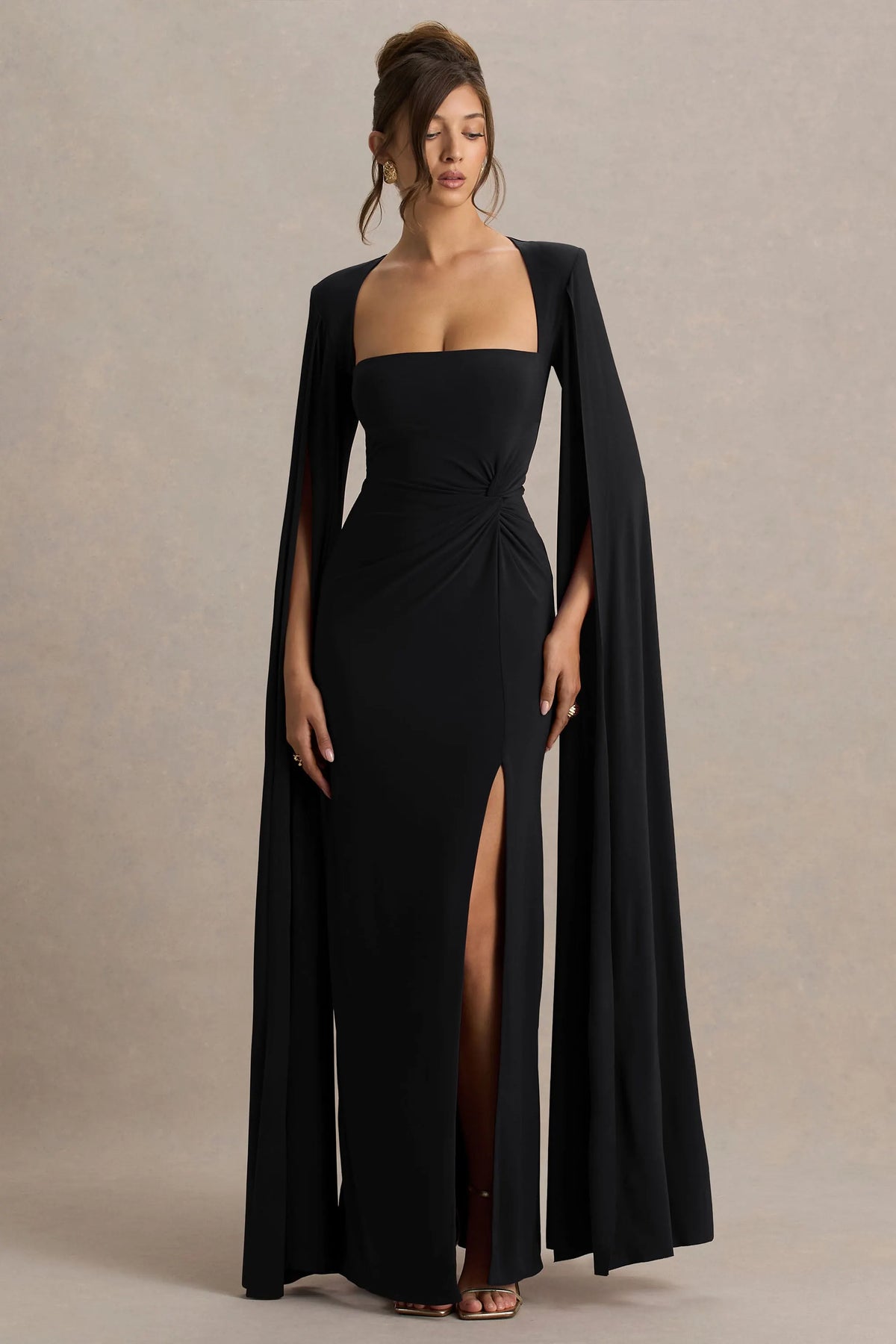 Claretta | Black Square Neck Twisted Maxi Dress With Cape Sleeves